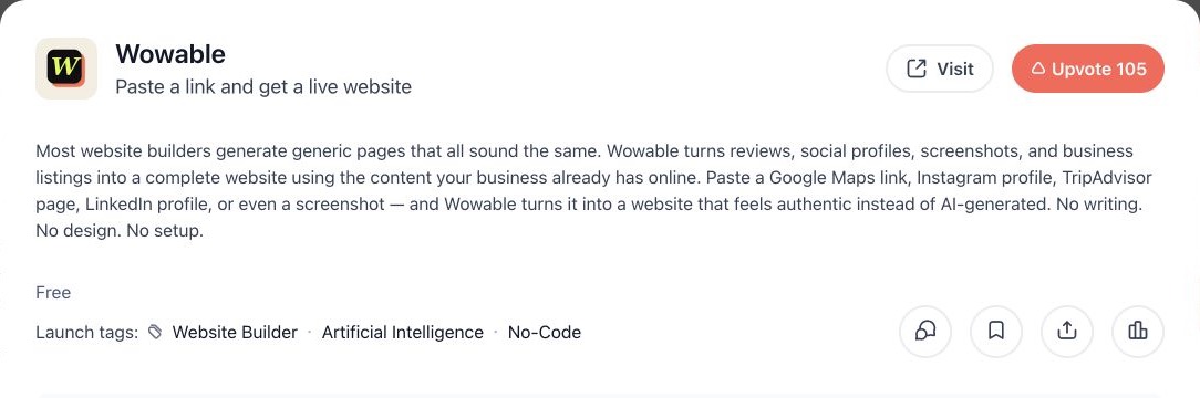 Public Wowable launch page on Product Hunt showing 105 upvotes